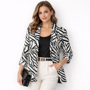 Rachel Zoe Zebra Print Linen Blend Blazer Women XS White Black 90s Maximalist